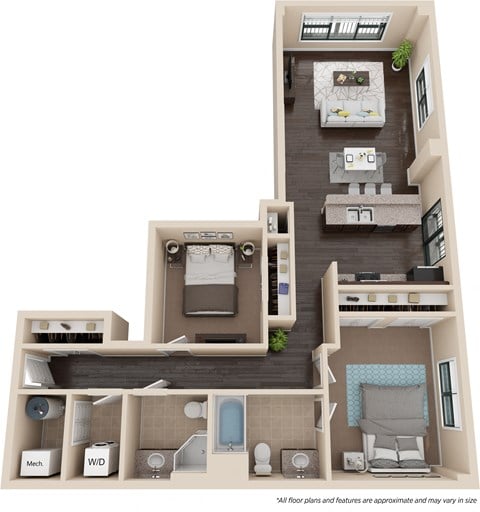 Floor plan for 2 beds, 2 baths, 1056 sqft